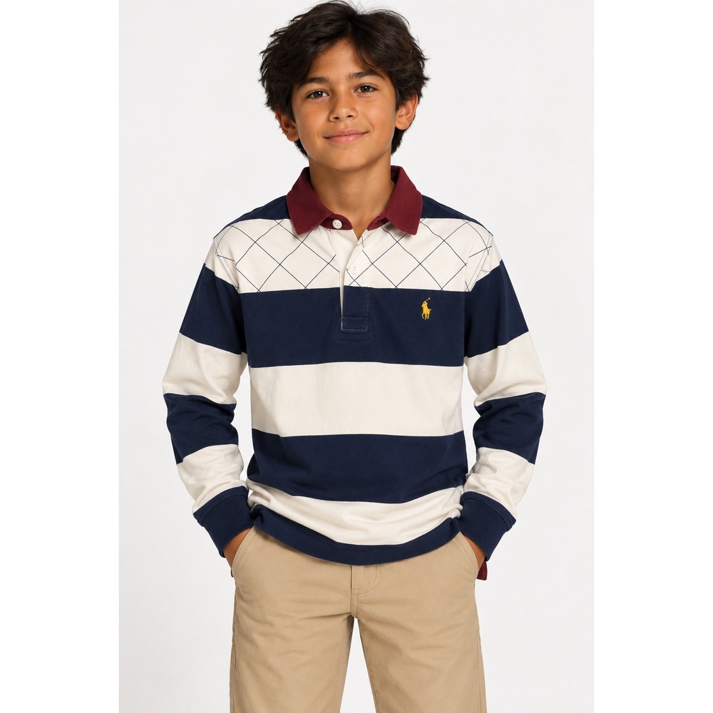 Polo Ralph Lauren Rugby Shirt Quilted Yoke Corduroy Collar Prep Navy Large